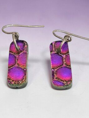 Dichroic Fused Glass Earrings Rectangular Design Purple & Pink Antique-Style Loo